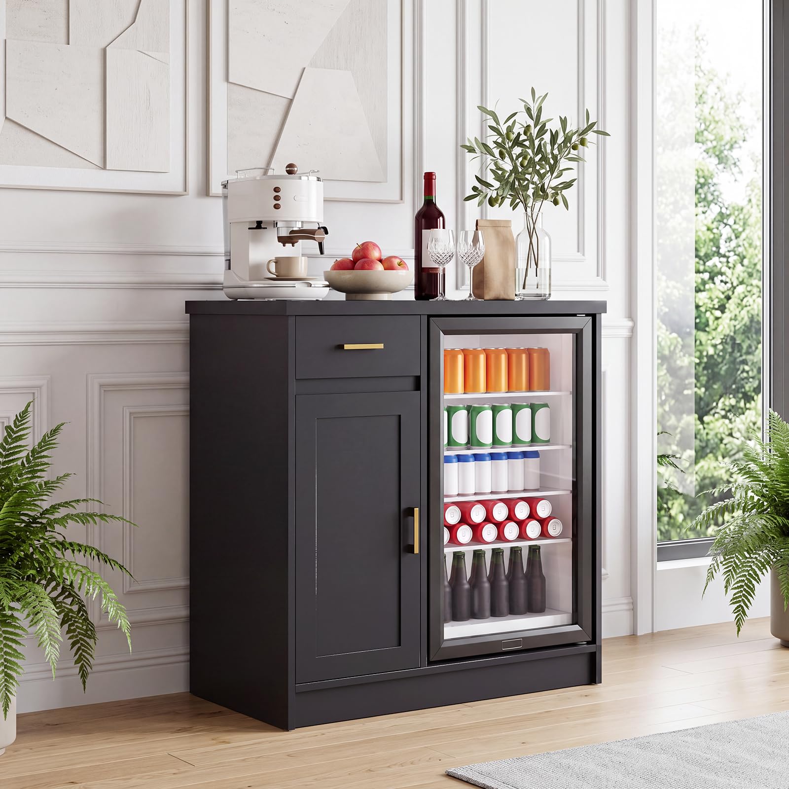 Home Bar Setup - 42インチのファームハウス風ワインバーキャビネット、24インチのミニ冷蔵庫用、2つのコンセントと2つのUSBポート付きコーヒーバー、引き出しと扉付き収納サイドボード