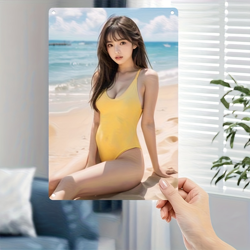 Home Bar Cafe - 2Dメタルサイン ヴィンテージメタルビーチウォールアート、黄色の水着を着た女性、耐久性のある鉄製の沿岸装飾、ホームバー、カフェに最適