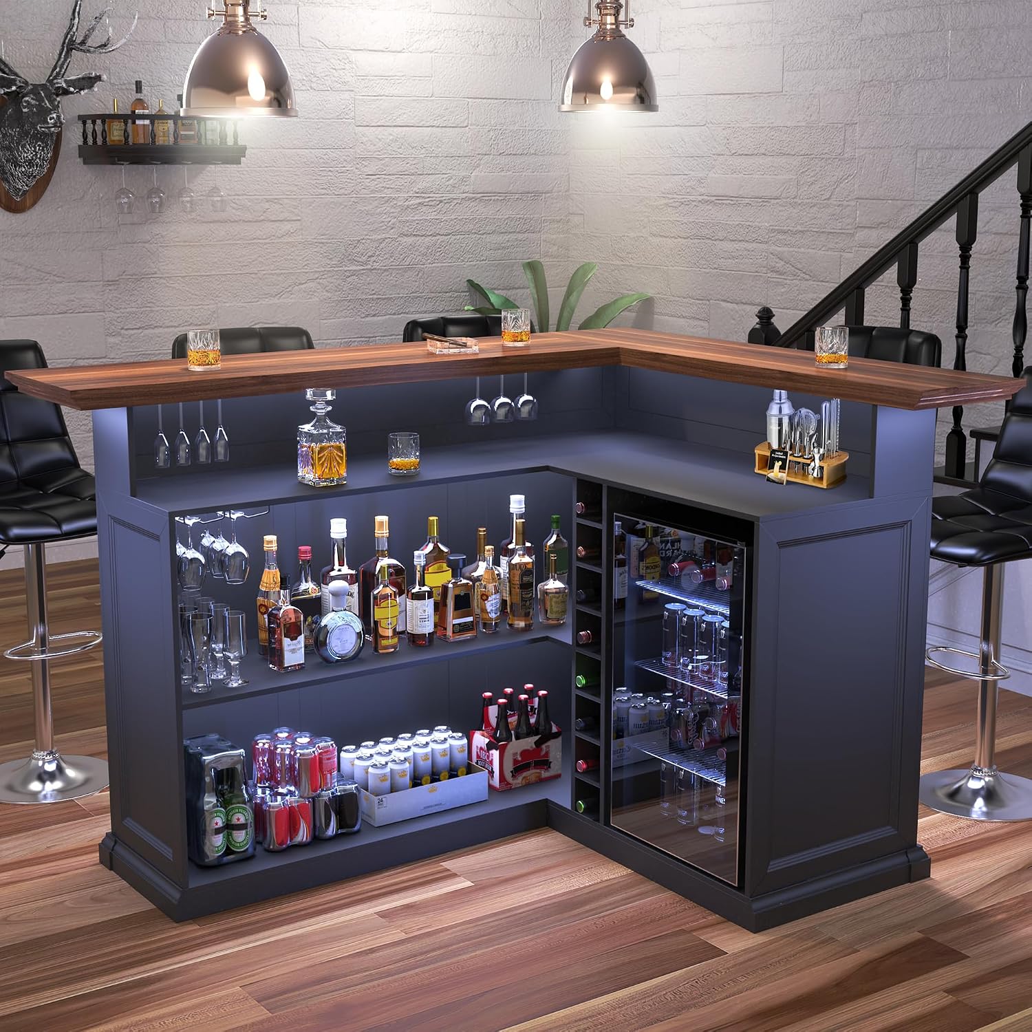L字型ホームバーキャビネット（冷蔵庫スペース付き）、大型地下 - Home Bar Setup のレビューと価格